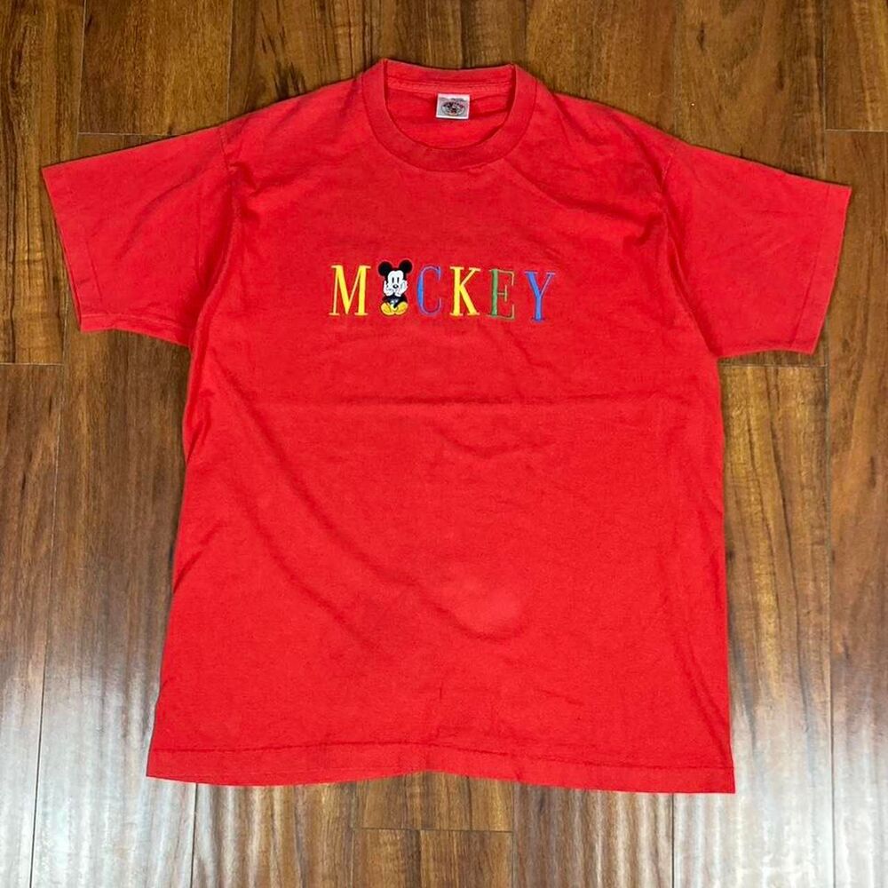 Vintage 1990s Mickey-co Men's Red Embroidered T-shirt Size XL